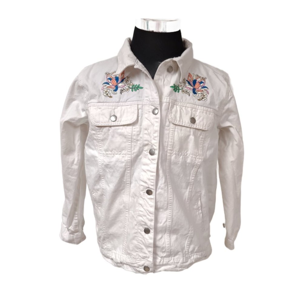 Collections Etc Womens Large Embroidered Floral Boho Art Deco White Denim Jacket